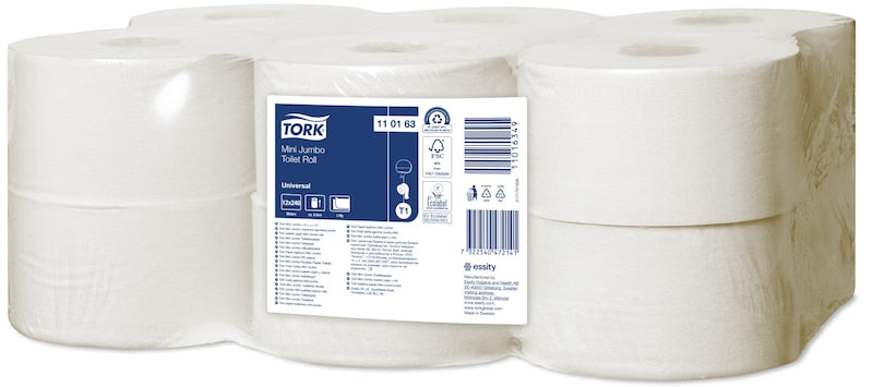 Waschraum -Tork Advanced Toilettenpapier Mini Jumbo Rolle, 1lg - 240 m/Ro., hochweiß, Lorbeerblattprägung, Blatt:10x14 cm, 12 Ro/VE