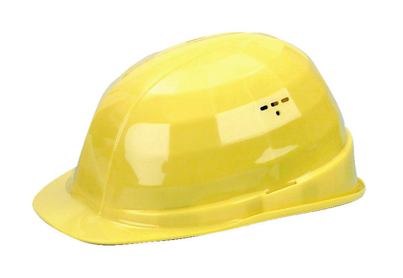 Gelber Schutzhelm SHTZHELM mit 6-Punkt-Aufhängesystem und verstellbarem Kinnband.