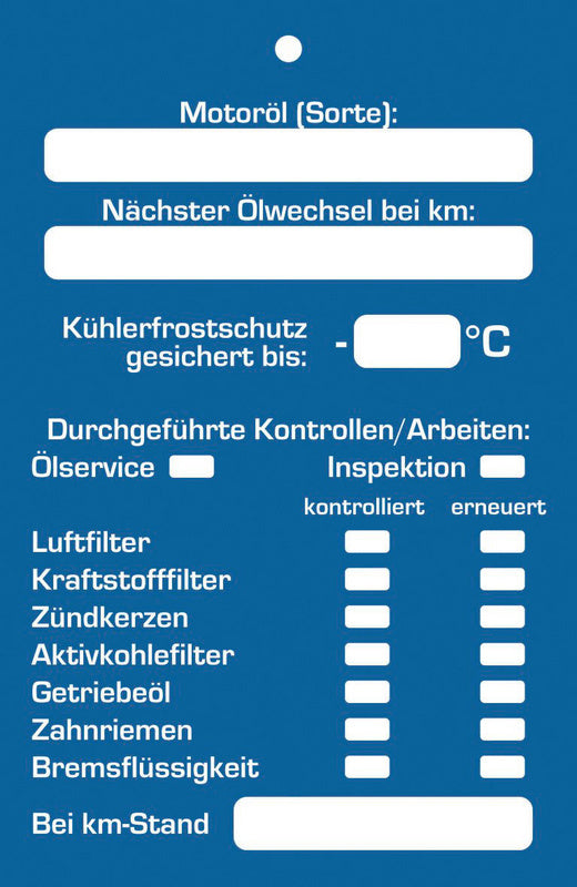 Anhänger mit Kundeninfo zu Kfz-Inspektion und Ölwechsel, wetterbeständig und klar lesbar.