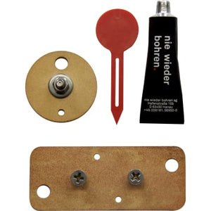 Befestigungskit mit Kleber, runder und rechteckiger Platte sowie rotem Dorn.