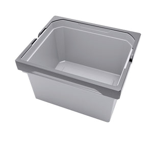 Mülltrennsystem mit vier Behältern für Bioabfälle, Papier, Plastik und Restmüll in modernem Design.