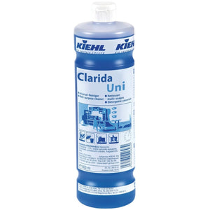 Klare 1 Liter Flasche Clarida Uni Spirituose mit schlichtem Etikett und Schraubverschluss