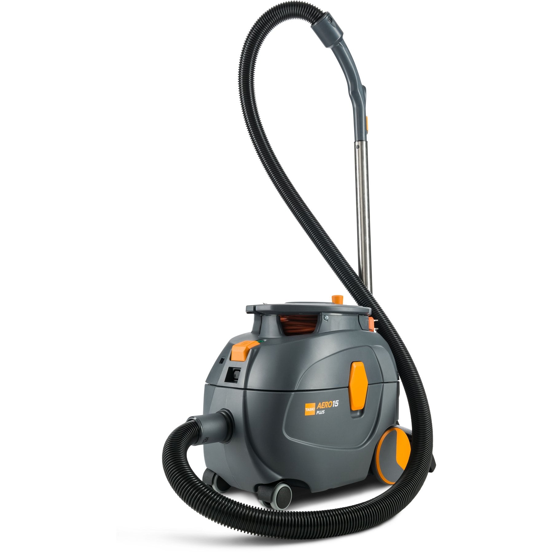 Grauer und oranger Staubsauger Taski Aero 15 Plus mit schwarzem Schlauch.