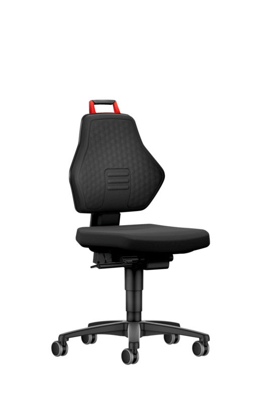 Höhenverstellbarer Arbeitsstuhl mit gepolsterter Sitzfläche und drehbarem Sitz für Werkstätten.