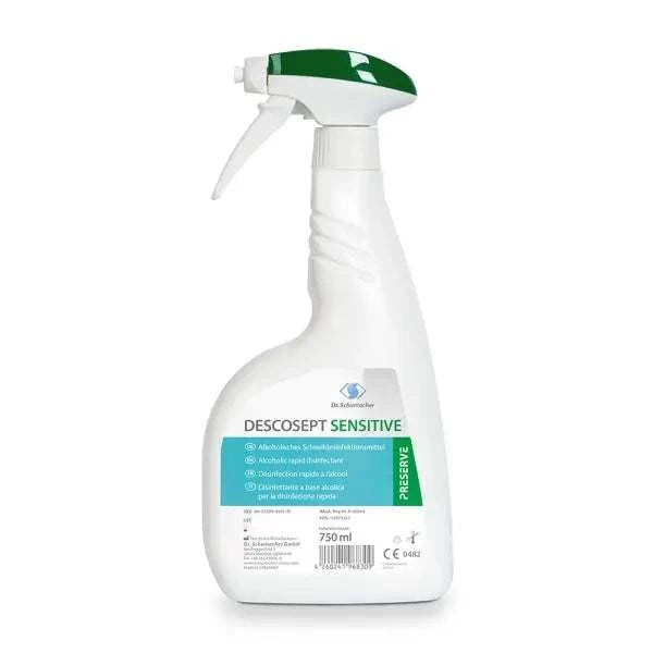 Descosept Sensitive 750ml spray bottle disinfectant for sensitive surfaces, alcohol-free, dermatologically tested, transparent packaging