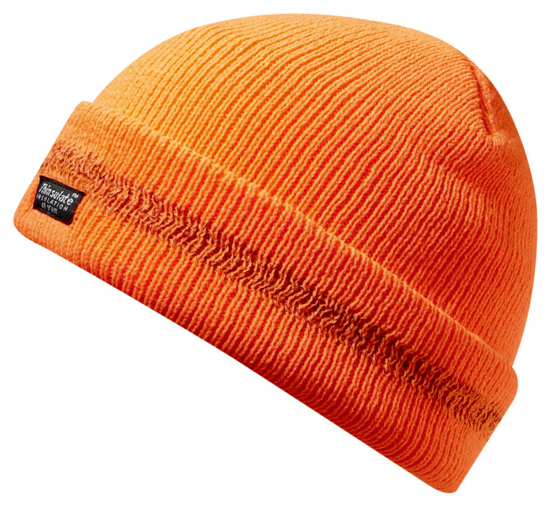 Orange Strickmütze mit Kapuze aus weicher, elastischer Baumwollmischung für kaltes Wetter.