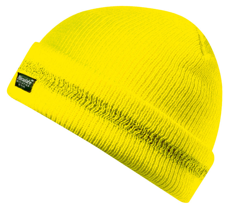 Gelbe Strickmütze mit Kapuze und Cap-Design, weich und elastisch für Handwerker.