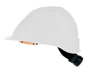 Weißer Schutzhelm mit 6-Punkt-Gurtsystem und verstellbarem Innenfutter für sicheren Sitz.