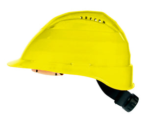 Gelber Schutzhelm SHTZHELM-PROTEK mit 6-Punkte-Innensystem und Belüftung für hohen Tragekomfort.