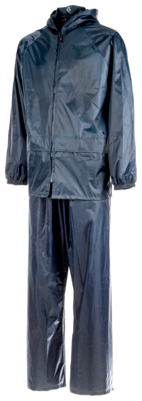 Wetterschutzset in Blau mit Jacke und Hose aus wasserundurchlässigem, atmungsaktivem Material.