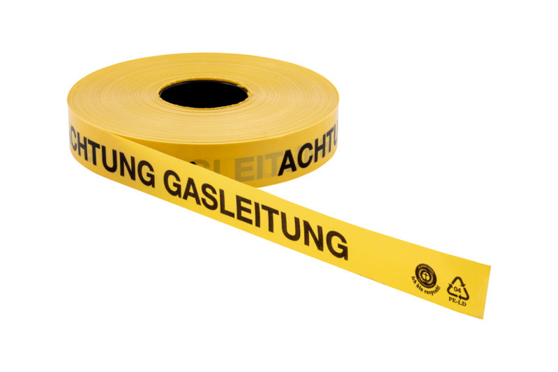 Robustes Trassenwarnband in leuchtender Farbe, 40 mm breit und 250 m lang, für Gasleitungen.