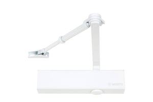 Weißer Türschließer mit Scherengestänge und Feststellmechanismus für sanftes Schließen.