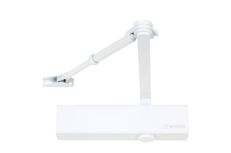 Weißer Türschließer mit Scherengestänge und Feststellmechanismus für sanftes Schließen.