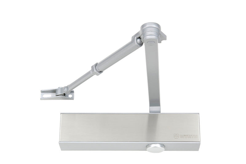 Türschließer mit Scherengestänge in silber, geeignet für Türen bis 120 kg, inklusive Montagezubehör.