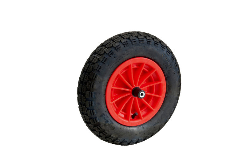 Rotes Luftrad mit Felge, 400x80 mm, für Schubkarren, robust und langlebig.