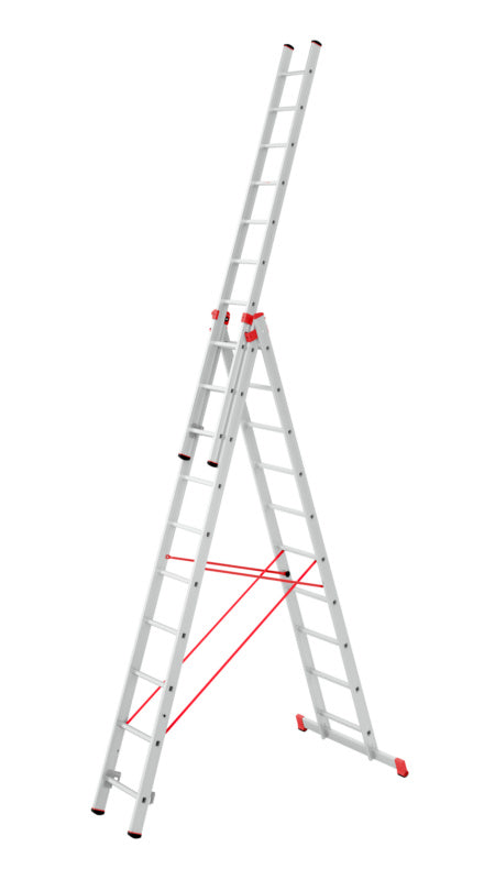Dreiteilige Aluminium-Allzweckleiter mit rutschfesten Füßen und klappbarer Bauweise.
