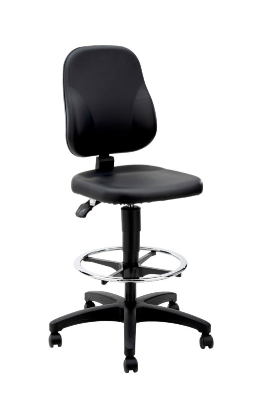 Ergonomischer Werkstatt-Arbeitsstuhl mit Kunstlederbezug, höhenverstellbar und gepolsterten Armlehnen.