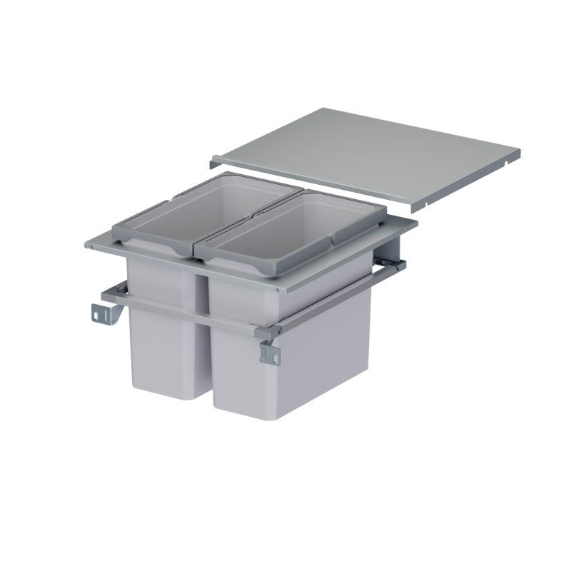 Mülltrennsystem mit mehreren herausnehmbaren Behältern für Papier, Kunststoff, Bio und Restmüll.