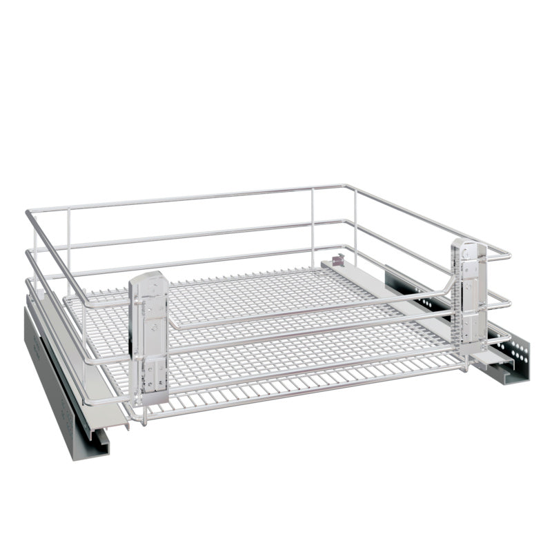 Ausziehkorb aus Edelstahl für Schrankinnenausstattung, 500 mm breit, mit Ausziehmechanismus.
