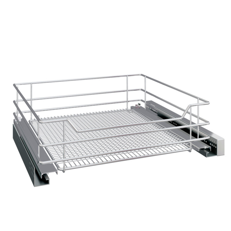 Praktischer Ausziehkorb aus Edelstahl für Schrankinnenausstattung, 450 mm breit.
