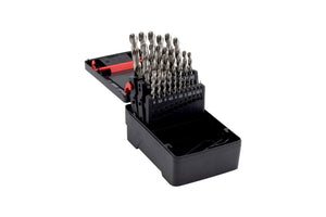 Set von Spiralbohrern aus HSCO-Stahl in einer robusten Aufbewahrungsbox für Metallarbeiten.
