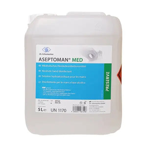 Aseptoman Med alcoholic hand disinfectant in a 5L canister.