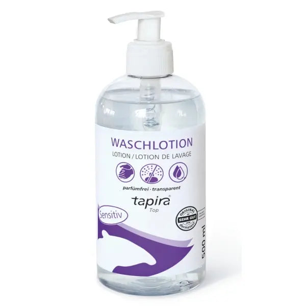Tapira Waschlotion Sensitiv parfümfrei in einem 500ml Pumpspender.