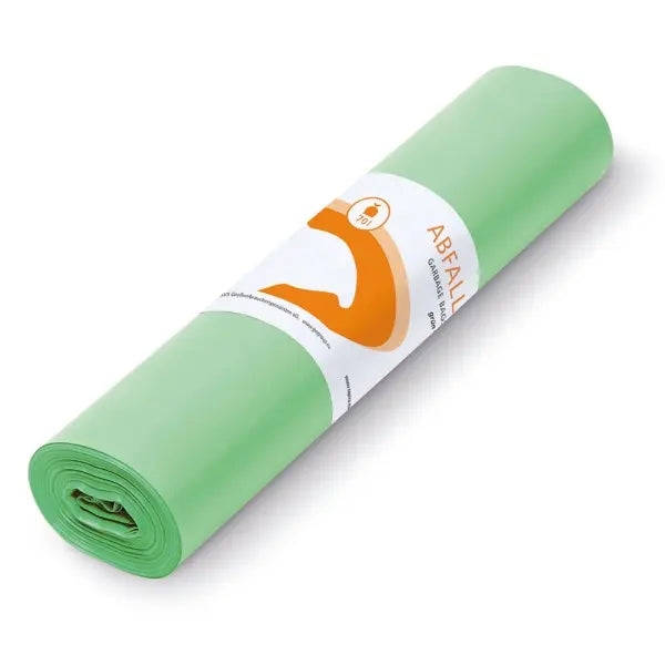 Grüne 70L LDPE Müllbeutel auf einer Rolle.
