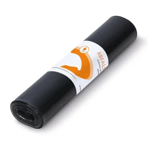 Schwarze 70L LDPE Abfallsäcke mit weißem Etikett.