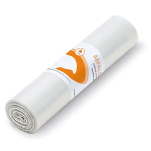 Eine Rolle transparenter 70L Abfallsäcke aus LDPE.
