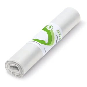 Eine Rolle transparenter 120L Abfallsäcke mit grünem Logo.