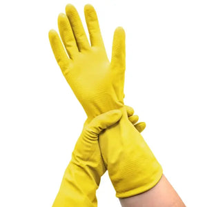 Gelbe TAPIRA plus Mehrweg-Handschuhe aus Latex, 0,35 mm dick, Größe S, 30 cm lang.