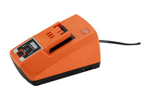 Ladegerät für Akku-Maschinen mit LED-Anzeige und USB-Anschluss in kompaktem Design.