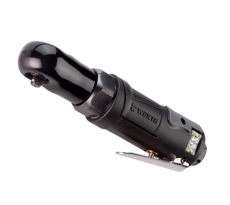 A pneumatic ratchet wrench with a durable design and ergonomic grip.