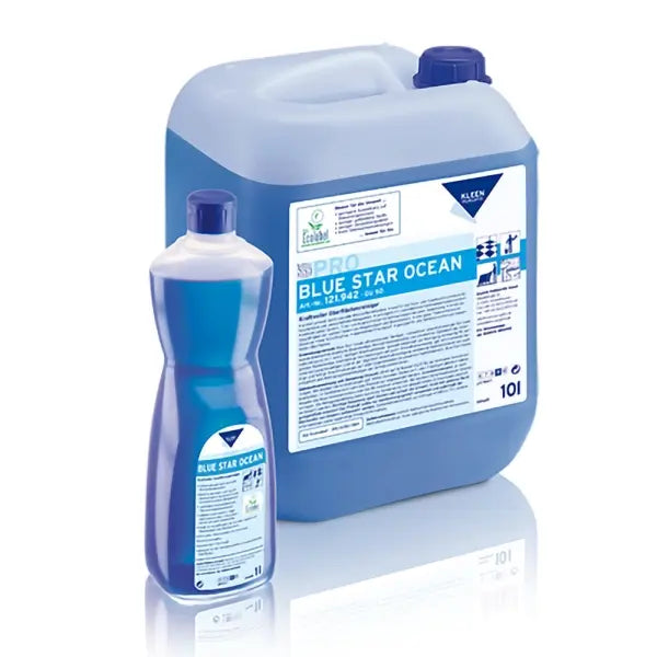 Blauer 10L Kanister mit umweltfreundlichem Reinigungsmittel für effektive Reinigungskraft.