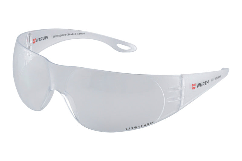 Klare Schutzbrille mit verstellbarem Nasensupport und flexiblen Bügeln für sicheren Sitz.