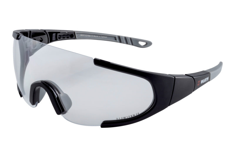 Translucent safety goggles with scratch-resistant polycarbonate lenses and flexible temples.