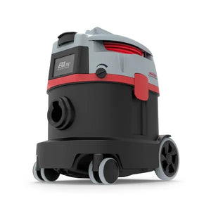 Ein grauer und schwarzer Saugstauber mit roten Akzenten und Rädern.