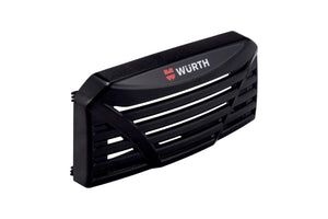 Schweißerhelm mit integriertem Gebläsefiltergerät und verstellbarem Kopfband in schwarz.