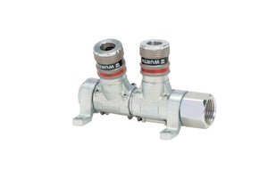 Verteilersystem für Druckluft mit zwei Anschlüssen und Quick-Connect-Kupplung.