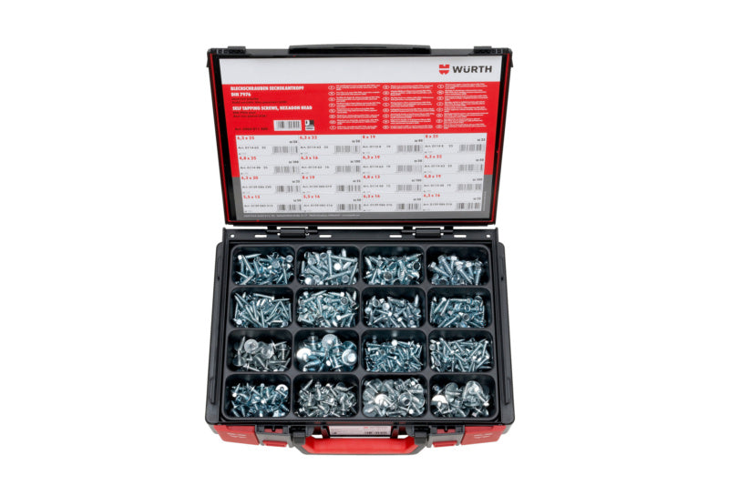 Blechschraube-Sortiment aus rostfreiem Edelstahl A2 mit 890 Teilen in praktischer Verpackung.