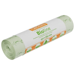 Ein aufgerolltes Bündel grüner Bioline Bioabfallbeutel mit der Aufschrift "Bioline" und Größenangaben.