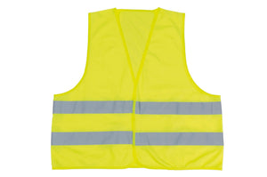 Leichte Warnschutzweste in leuchtendem Gelb mit reflektierenden Streifen und Reißverschluss.