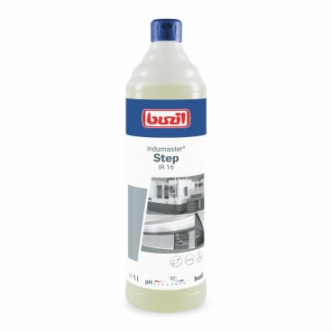Buzil Indumaster Step cleaner in a 1L bottle with spray attachment.