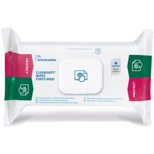 Pack mit 100 Cleanisept Wipes Forte Maxi Desinfektionstüchern in ergonomischer Verpackung