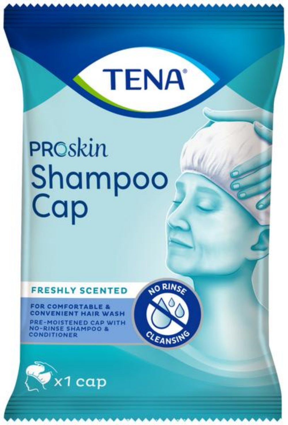 TENA Proskin Shampoo Cap, frisch duftend, für eine einfache Haarwäsche ohne Spülen.