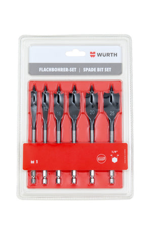 Sechsteiliges Holzbohrerset mit Bohrerdurchmessern von 10 bis 25 mm und 150 mm Länge.