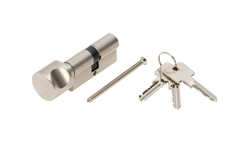 Profilzylinder mit 6-Stiftsystem, satinierte Nickel-Oberfläche, Größe 35x50 mm.