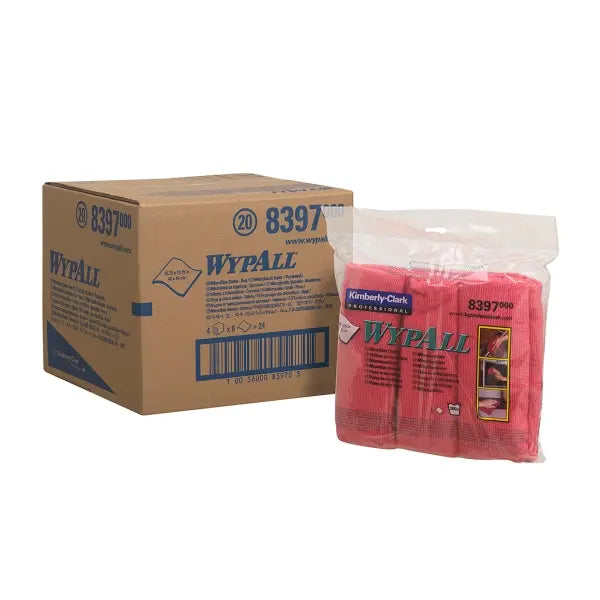 24 rote Kimberly-Clark Mikrofasertücher, 40x40cm, 1/4 gefaltet.