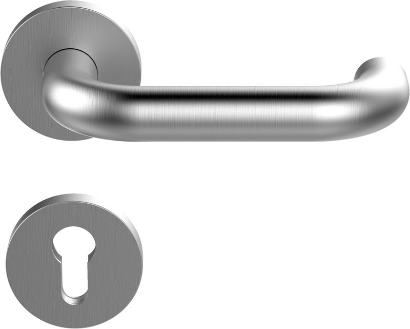 Edelstahl-Türdrücker mit mattem Finish, ergonomischer Form für Rechts- und Linkshänder.